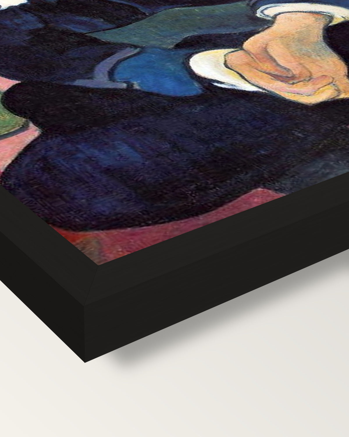 Mr. Loulou by Paul Gauguin framed print, corner close-up: black moulding, mitred, the print set just below its edge