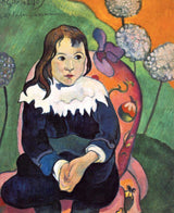 Mr. Loulou by Gauguin: a boy with a fringe in a dark blue suit and wide white collar, seated on a pink chair before flowers