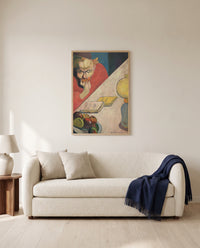Portrait of Meijer de Haan by Paul Gauguin framed in natural oak above a cream sofa in a warm living room