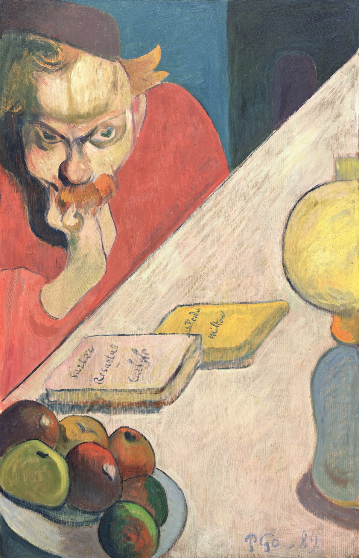 Portrait of Meijer de Haan by Gauguin: a red-haired man resting his chin on his hand beside a lamp, two books and apples