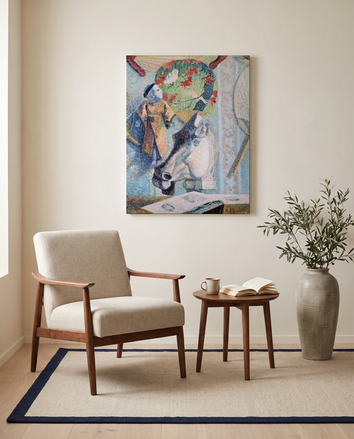 Still Life with Horse’s Head by Paul Gauguin as a stretched canvas above a linen lounge chair in a reading corner