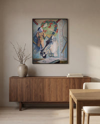 Still Life with Horse’s Head by Paul Gauguin in a black frame above a walnut sideboard in a dining room