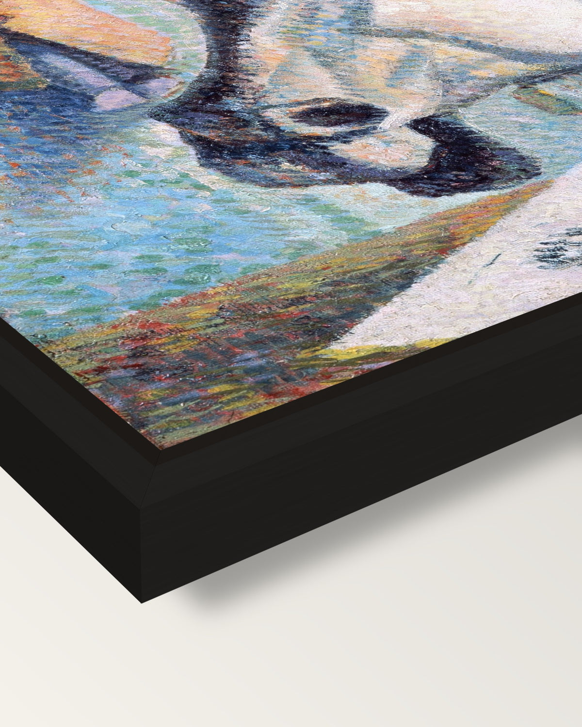 Still Life with Horse’s Head framed canvas, corner close-up: a black floating frame with a shadow gap round the canvas