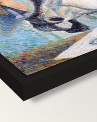 Still Life with Horse’s Head framed canvas, corner close-up: a black floating frame with a shadow gap round the canvas