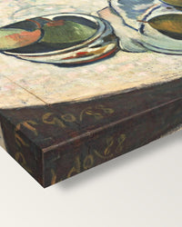 Three Puppies by Paul Gauguin on stretched canvas, corner close-up: the painting mirror-wrapped round the sides