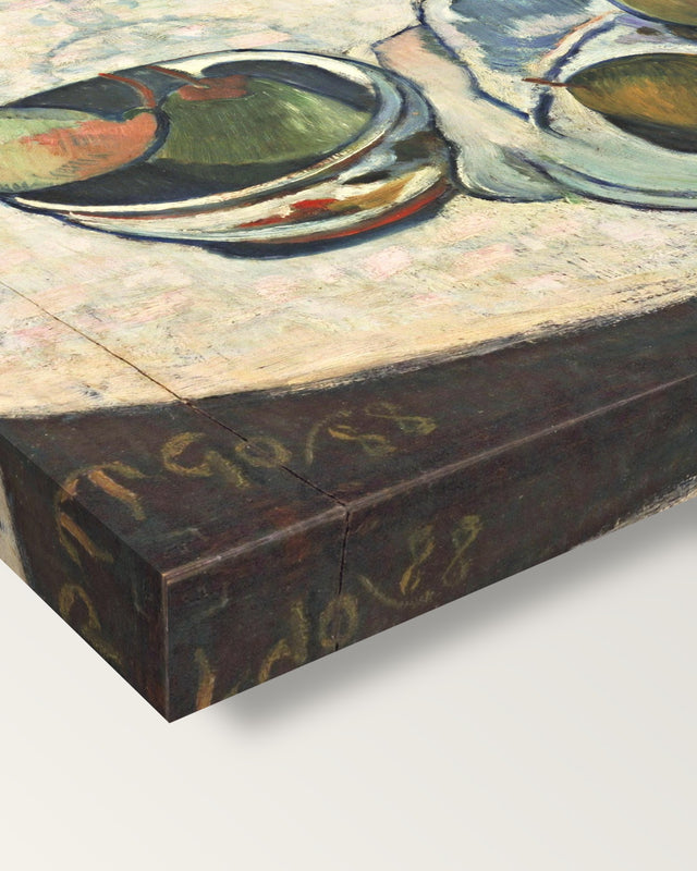Three Puppies by Paul Gauguin on stretched canvas, corner close-up: the painting mirror-wrapped round the sides