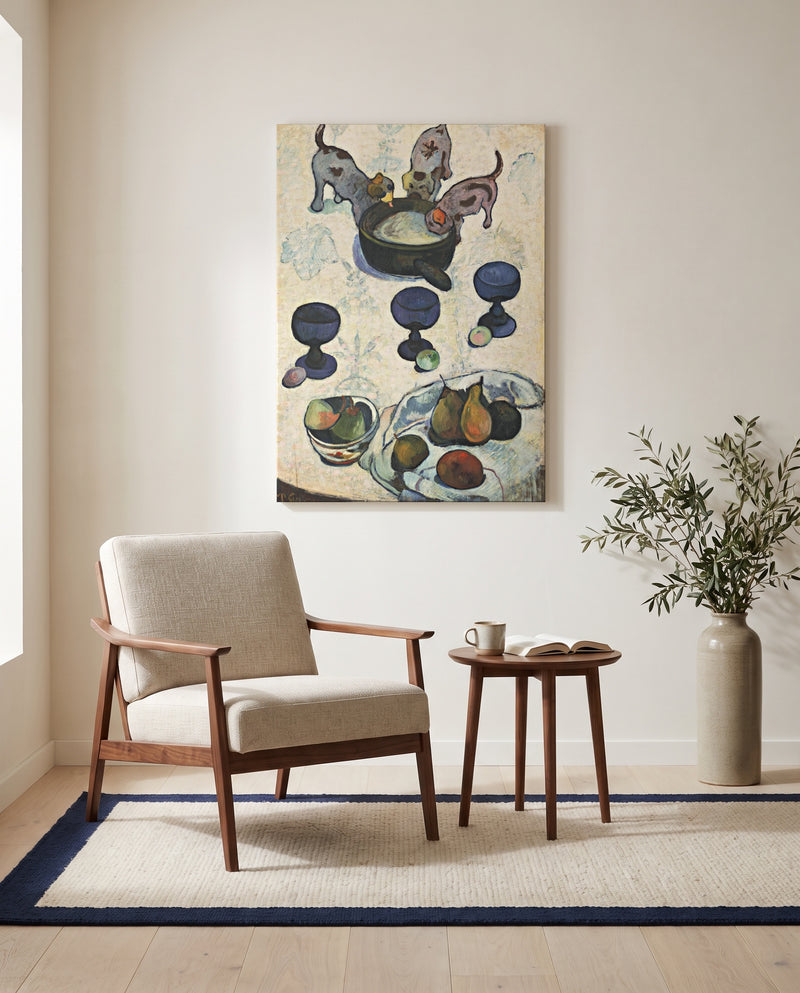 Three Puppies by Paul Gauguin as a stretched canvas above a linen lounge chair in a reading corner