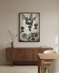 Three Puppies by Paul Gauguin in a black frame above a walnut sideboard in a dining room