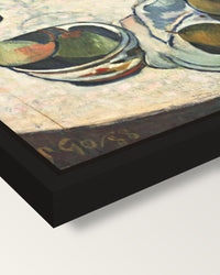 Three Puppies by Paul Gauguin framed canvas, corner close-up: a black floating frame with a shadow gap round the canvas