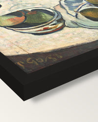 Three Puppies by Paul Gauguin framed print, corner close-up: black moulding, mitred, the print set just below its edge