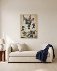 Three Puppies by Paul Gauguin framed in natural oak above a cream sofa in a warm living room