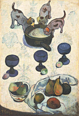 Still Life with Three Puppies by Gauguin: three puppies drinking from a pan, three blue goblets and fruit on a pale cloth