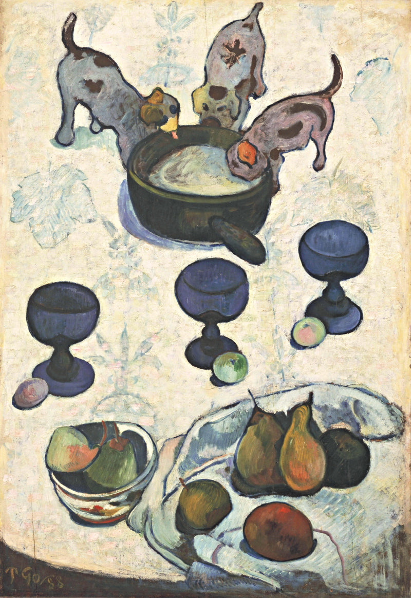 Still Life with Three Puppies by Gauguin: three puppies drinking from a pan, three blue goblets and fruit on a pale cloth