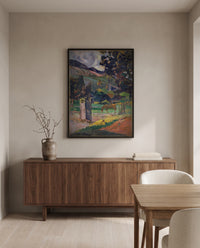 Tahitian Landscape, 1892 by Paul Gauguin in a black frame above a walnut sideboard in a dining room