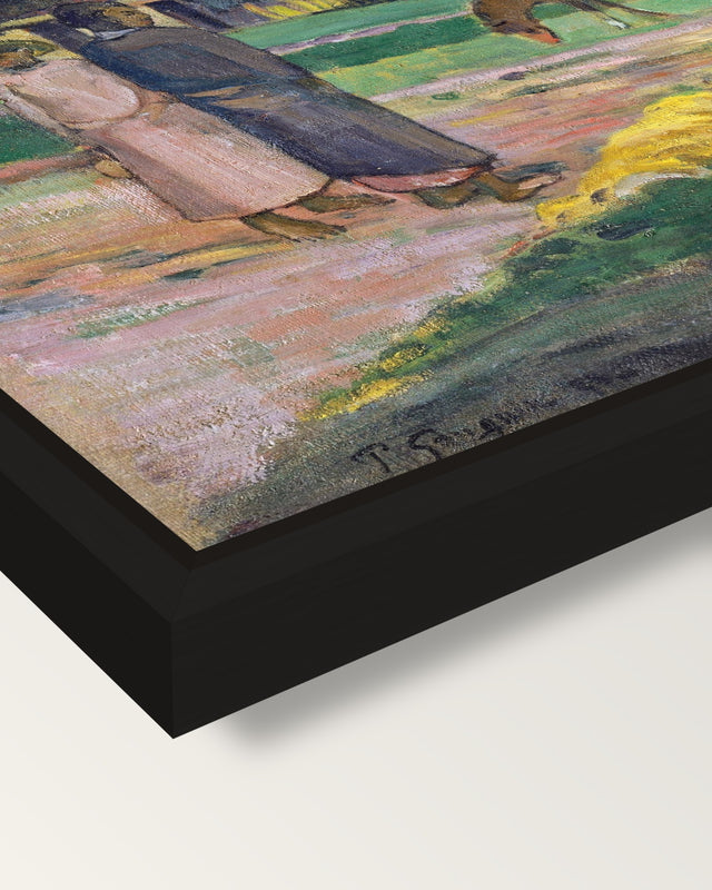 Tahitian Landscape, 1892 by Gauguin framed canvas, corner close-up: a black floating frame with a shadow gap round the canvas