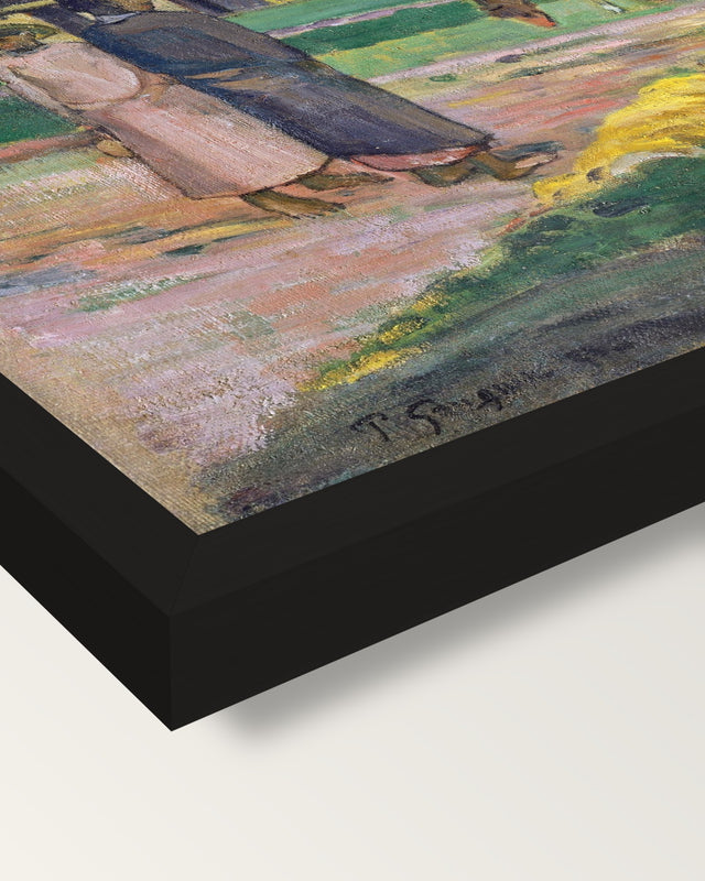 Tahitian Landscape, 1892 by Gauguin framed print, corner close-up: black moulding, mitred, the print set just below its edge