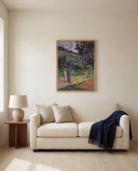 Tahitian Landscape, 1892 by Paul Gauguin framed in natural oak above a cream sofa in a warm living room