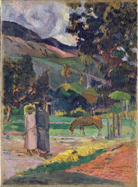 Tahitian Landscape by Gauguin: two figures in long dresses on a path, a grazing horse, trees and a dark mountain