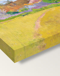 Tahitian Landscape by Paul Gauguin on stretched canvas, corner close-up: the painting mirror-wrapped round the sides