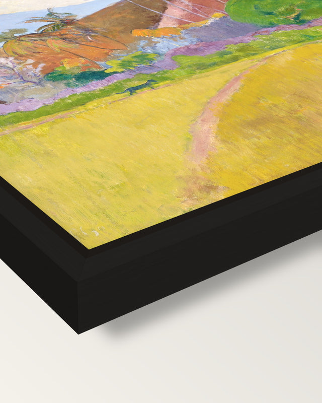 Tahitian Landscape by Paul Gauguin framed canvas, corner close-up: a black floating frame with a shadow gap round the canvas
