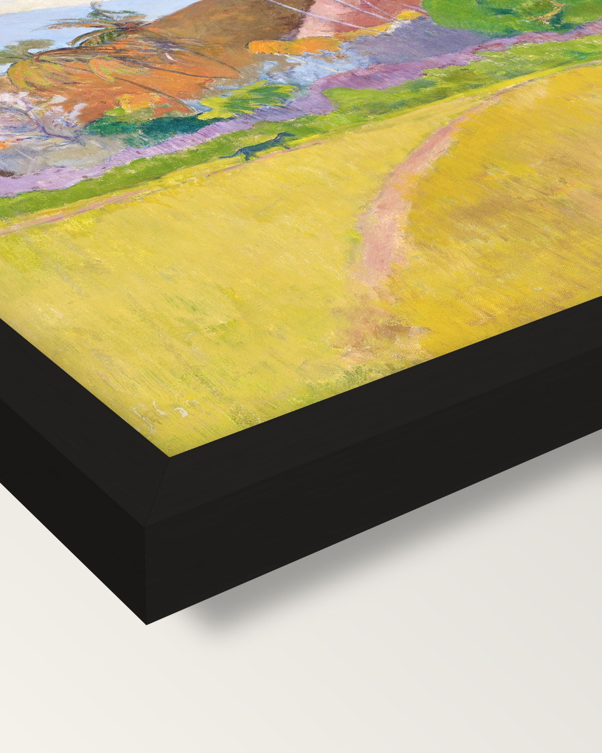 Tahitian Landscape by Paul Gauguin framed print, corner close-up: black moulding, mitred, the print set just below its edge