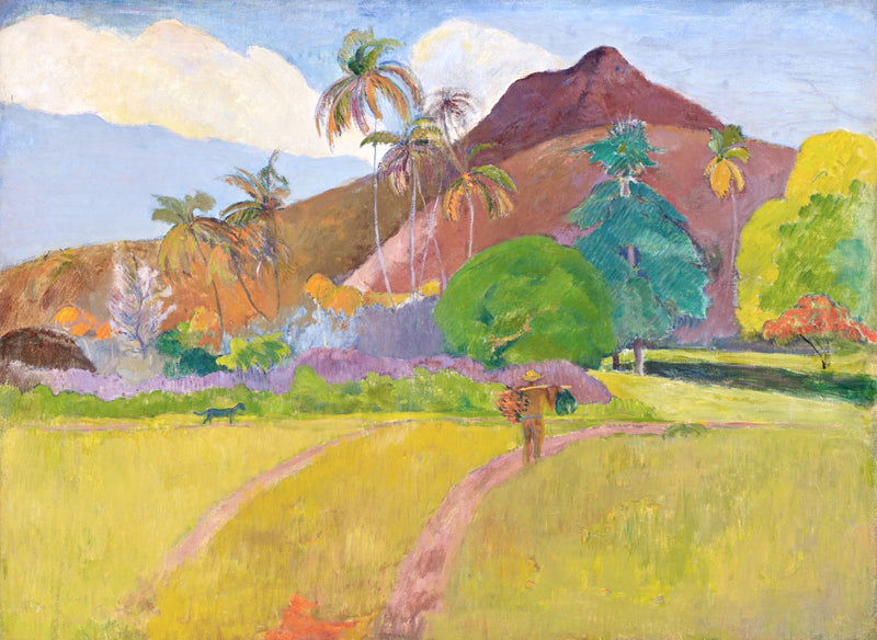 Tahitian Landscape by Gauguin: golden fields and a path below palm trees and a violet-red mountain under white clouds