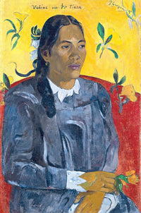 Tahitian Woman with a Flower by Gauguin: a woman in a blue dress with a white collar holding a flower, on red and yellow