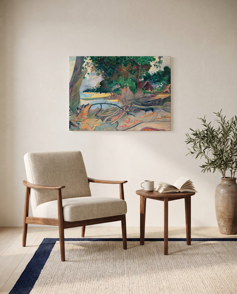 The Hibiscus Tree by Paul Gauguin as a stretched canvas above a linen lounge chair in a reading corner