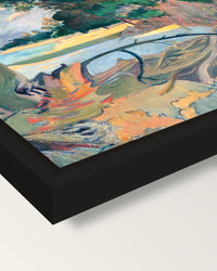 The Hibiscus Tree by Paul Gauguin framed canvas, corner close-up: a black floating frame with a shadow gap round the canvas