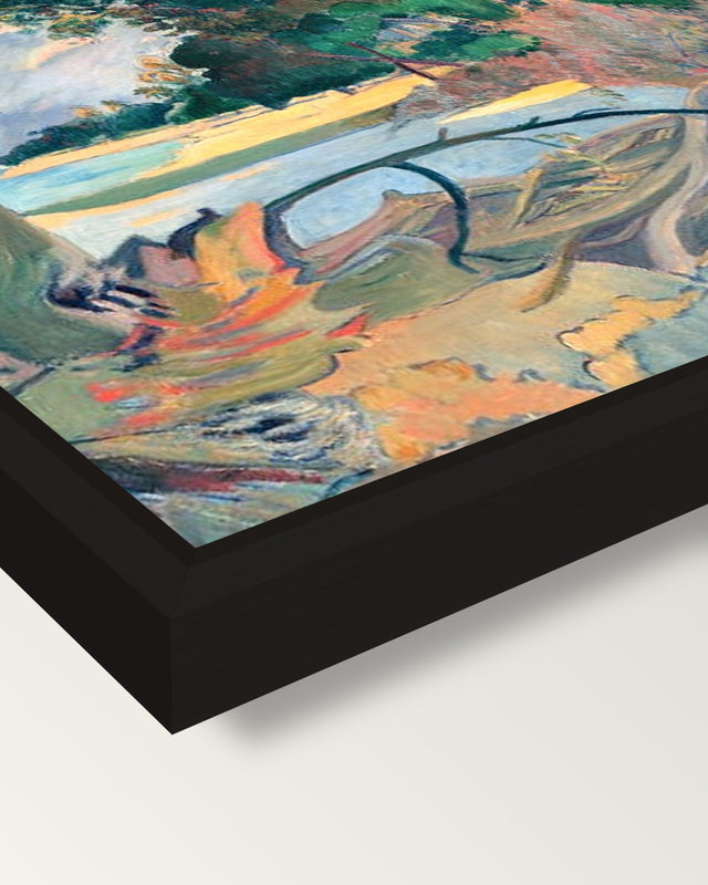 The Hibiscus Tree by Paul Gauguin framed canvas, corner close-up: a black floating frame with a shadow gap round the canvas