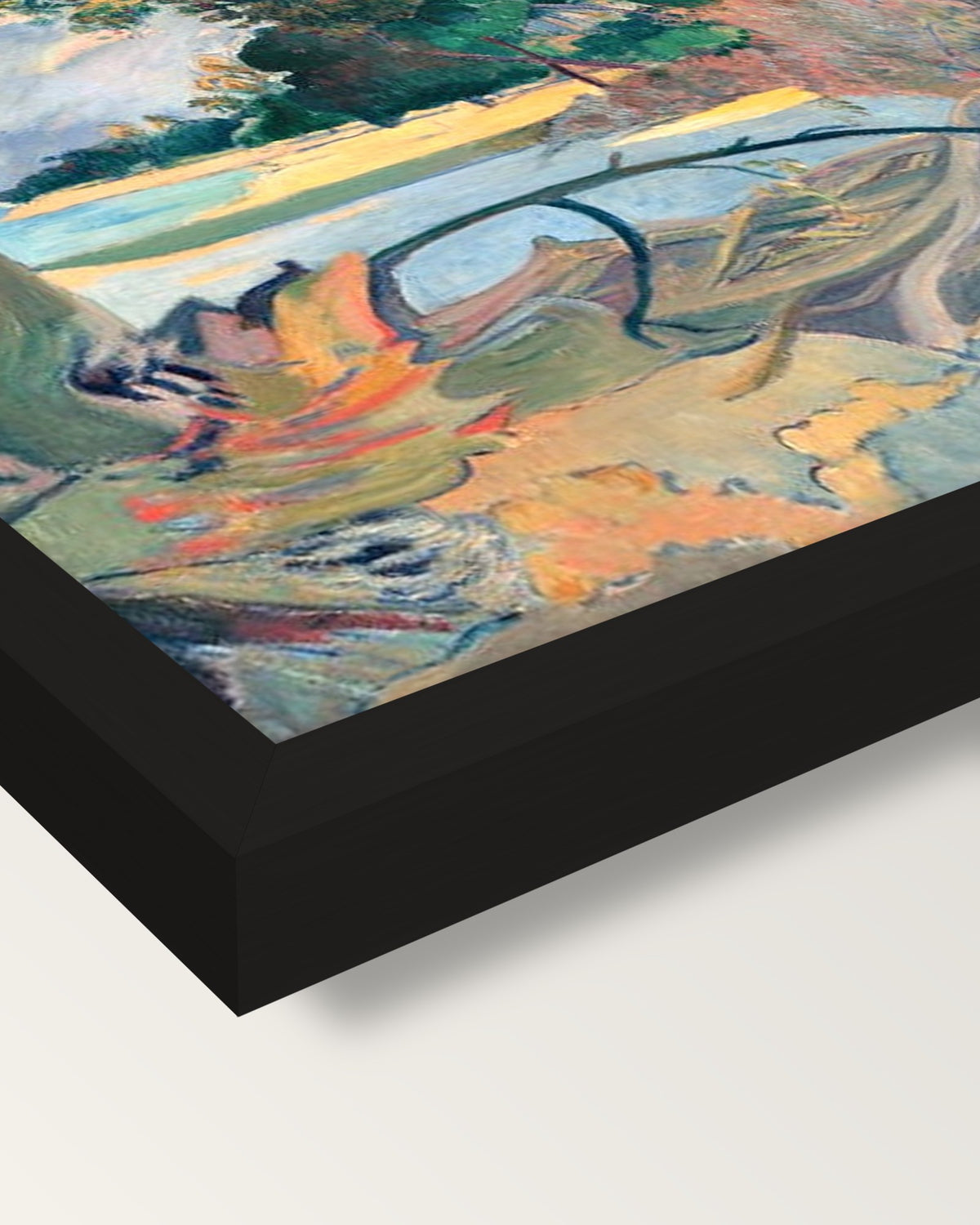 The Hibiscus Tree by Paul Gauguin framed print, corner close-up: black moulding, mitred, the print set just below its edge