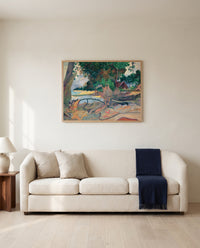 The Hibiscus Tree by Paul Gauguin framed in natural oak above a cream sofa in a warm living room