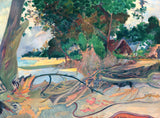 Te burao by Gauguin: a large tree with twisting roots and a fallen branch, green leaves, a beach and a hut beyond