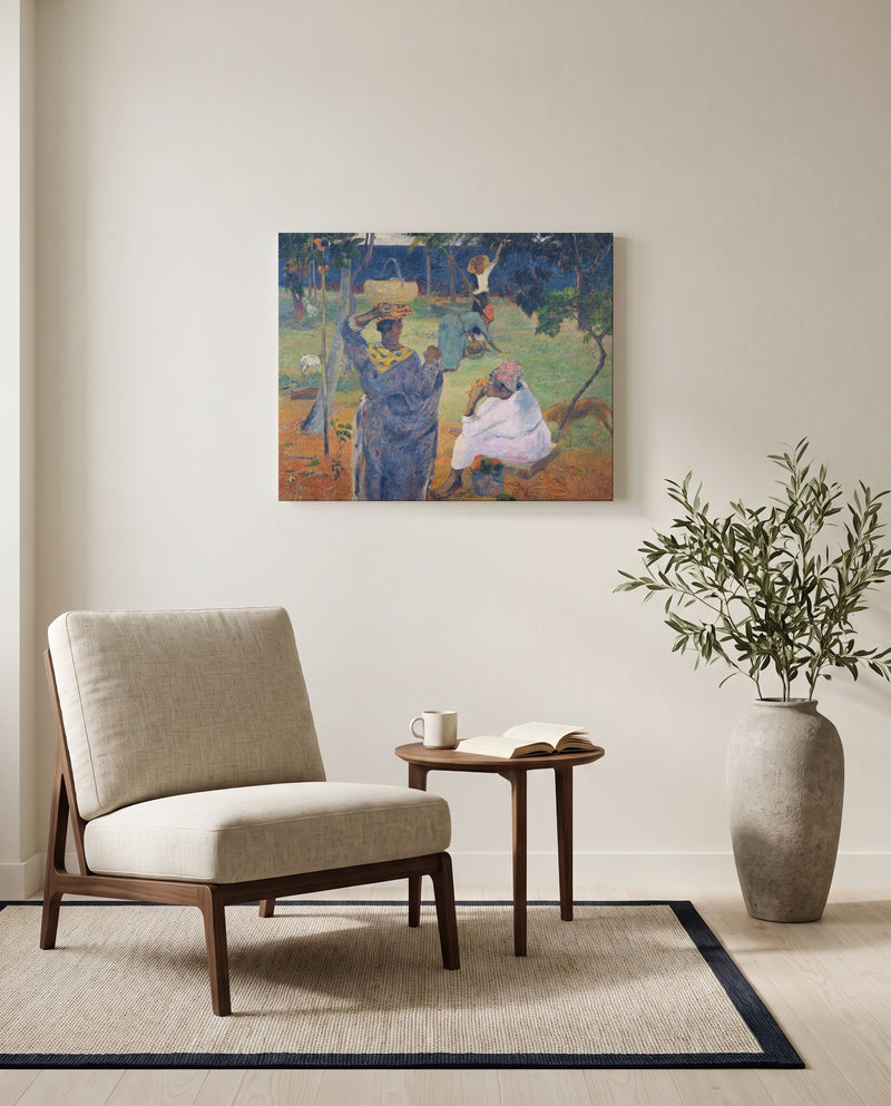 The Mango Trees, Martinique by Paul Gauguin as a stretched canvas above a linen lounge chair in a reading corner