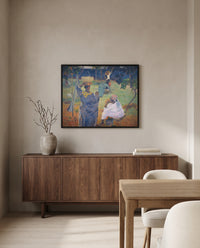 The Mango Trees, Martinique by Paul Gauguin in a black frame above a walnut sideboard in a dining room