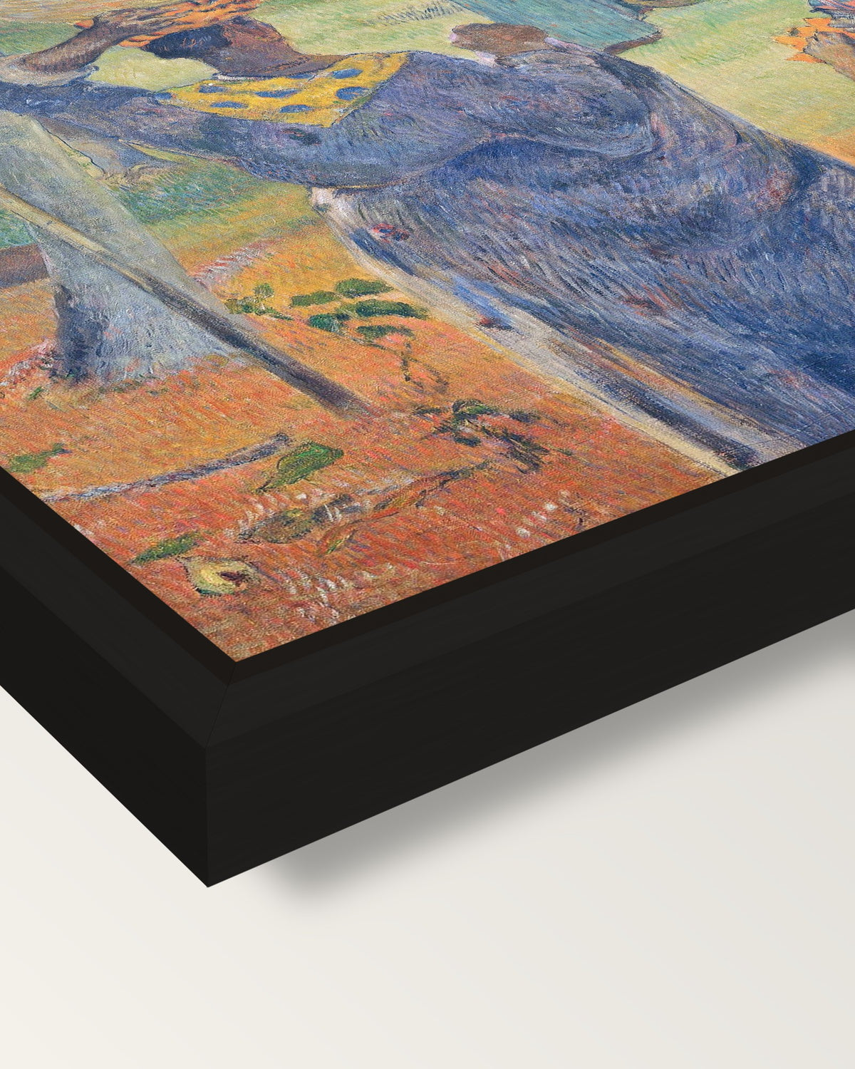 The Mango Trees, Martinique framed canvas, corner close-up: a black floating frame with a shadow gap round the canvas