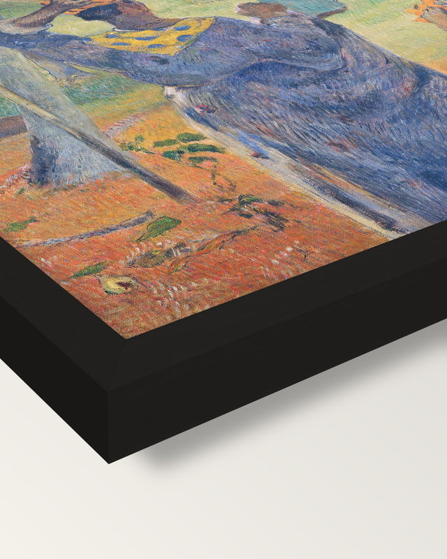 The Mango Trees, Martinique framed print, corner close-up: black moulding, mitred, the print set just below its edge
