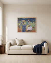 The Mango Trees, Martinique by Paul Gauguin framed in natural oak above a cream sofa in a warm living room