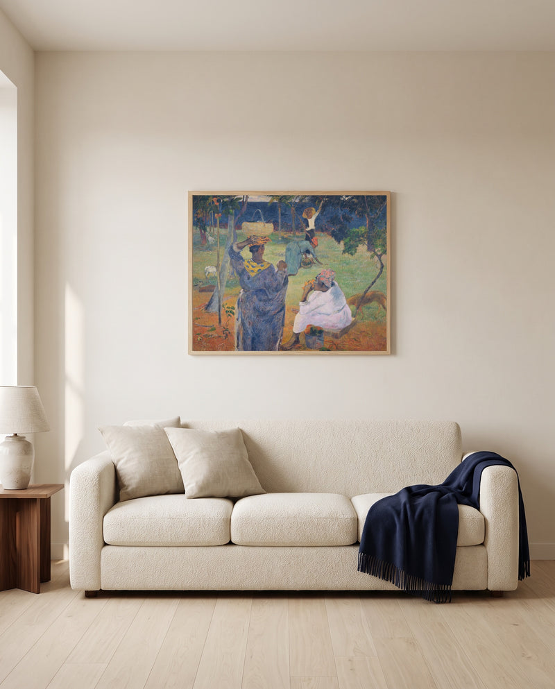 The Mango Trees, Martinique by Paul Gauguin framed in natural oak above a cream sofa in a warm living room