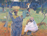 The Mango Trees, Martinique by Gauguin: women carrying baskets and picking mangoes under trees, a blue sea beyond