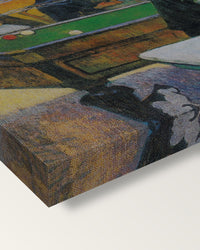 The Night Café at Arles by Paul Gauguin on stretched canvas, corner close-up: the painting mirror-wrapped round the sides