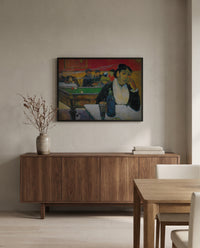 The Night Café at Arles by Paul Gauguin in a black frame above a walnut sideboard in a dining room