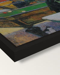The Night Café at Arles by Gauguin framed canvas, corner close-up: a black floating frame with a shadow gap round the canvas