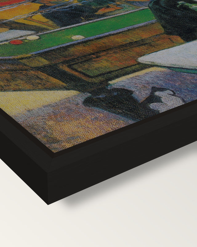 The Night Café at Arles by Gauguin framed canvas, corner close-up: a black floating frame with a shadow gap round the canvas
