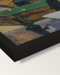 The Night Café at Arles by Gauguin framed print, corner close-up: black moulding, mitred, the print set just below its edge