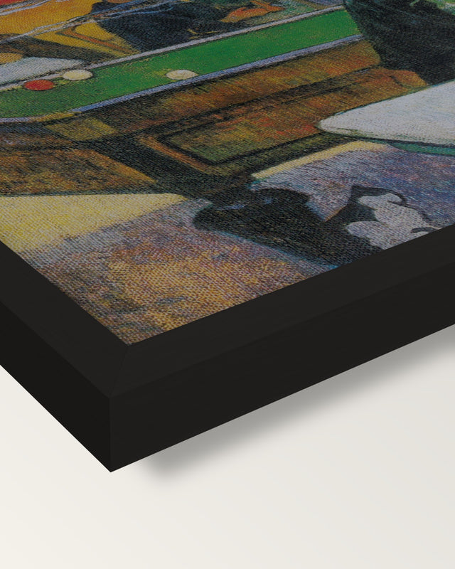 The Night Café at Arles by Gauguin framed print, corner close-up: black moulding, mitred, the print set just below its edge