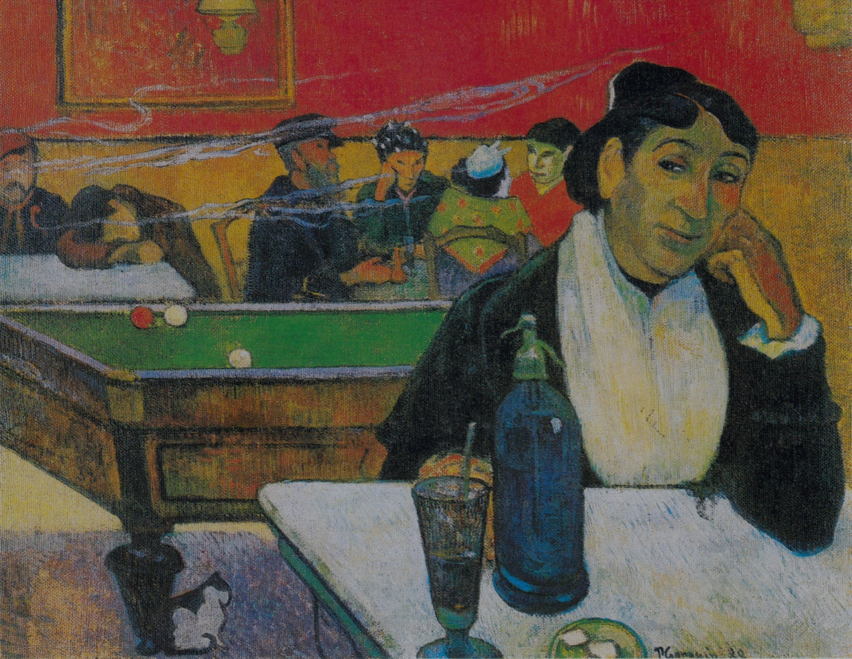 The Night Café at Arles by Paul Gauguin: a woman leaning on a café table, a green billiard table and customers on a red wall