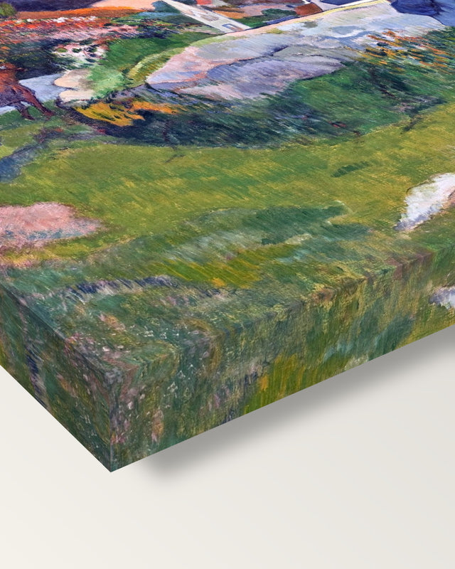 The Swineherd by Paul Gauguin on stretched canvas, corner close-up: the painting mirror-wrapped round the sides