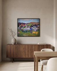 The Swineherd by Paul Gauguin in a black frame above a walnut sideboard in a dining room