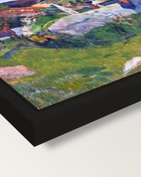 The Swineherd by Paul Gauguin framed canvas, corner close-up: a black floating frame with a shadow gap round the canvas